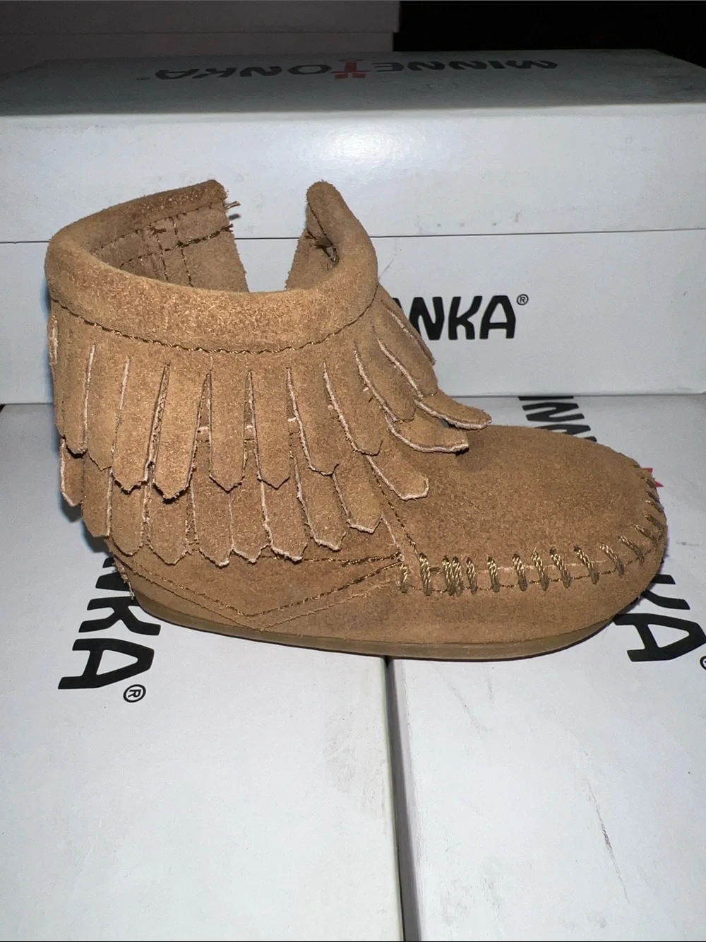 Authentic New in Box, Minnetonka Double Fringe Side Zip Boot infant Size 2
